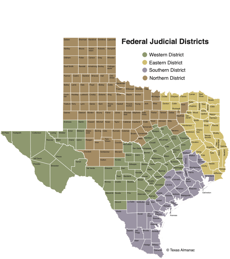 Map showing which counties belong to each federal judicial district