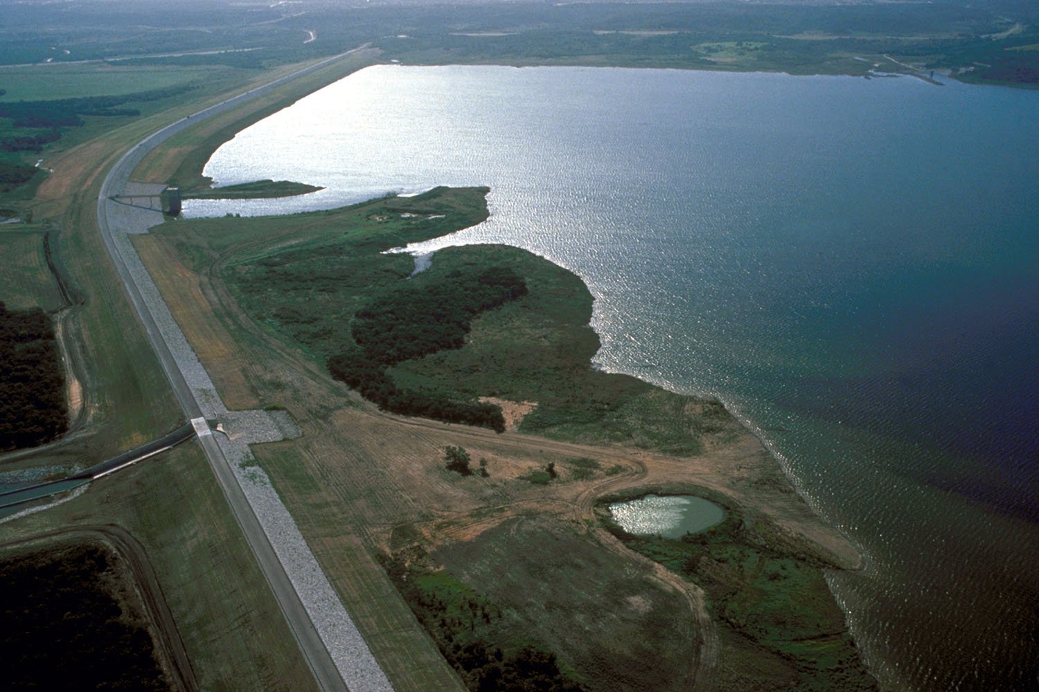 An aerial view of Joe Pool Lake and Dam